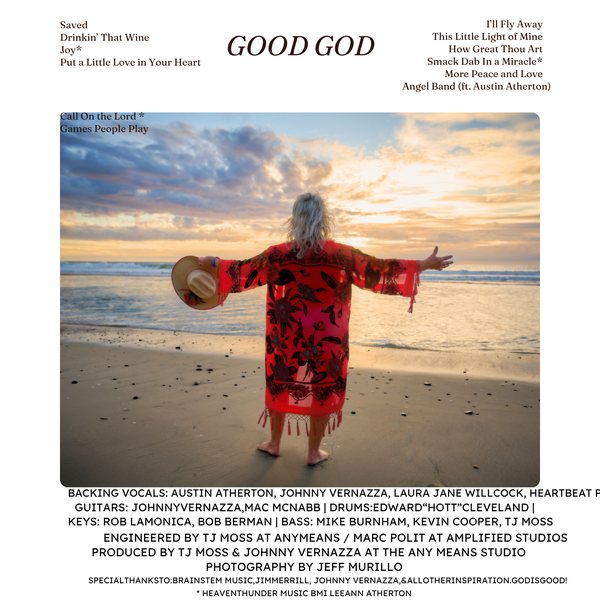 Good God by Leeann Atherton — album back cover with the 13-track listing