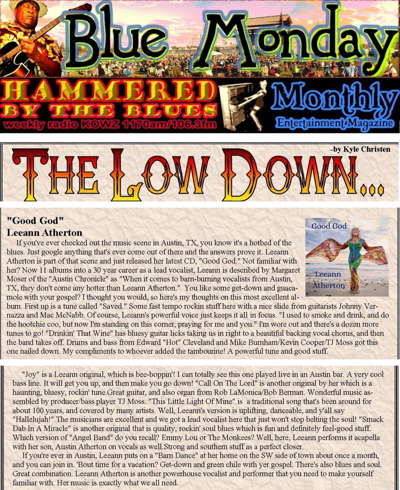Blue Monday Monthly Entertainment Magazine — 'The Low Down' review of Leeann Atherton's Good God album by Kyle Christen