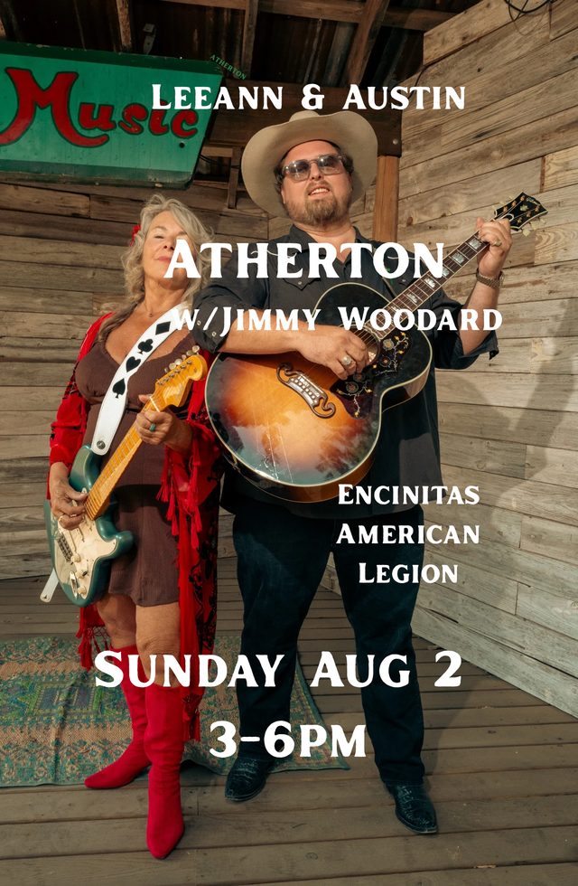Leeann & Austin Atherton with Jimmy Woodard at the Encinitas American Legion, Sunday August 2, 3&ndash;6 PM