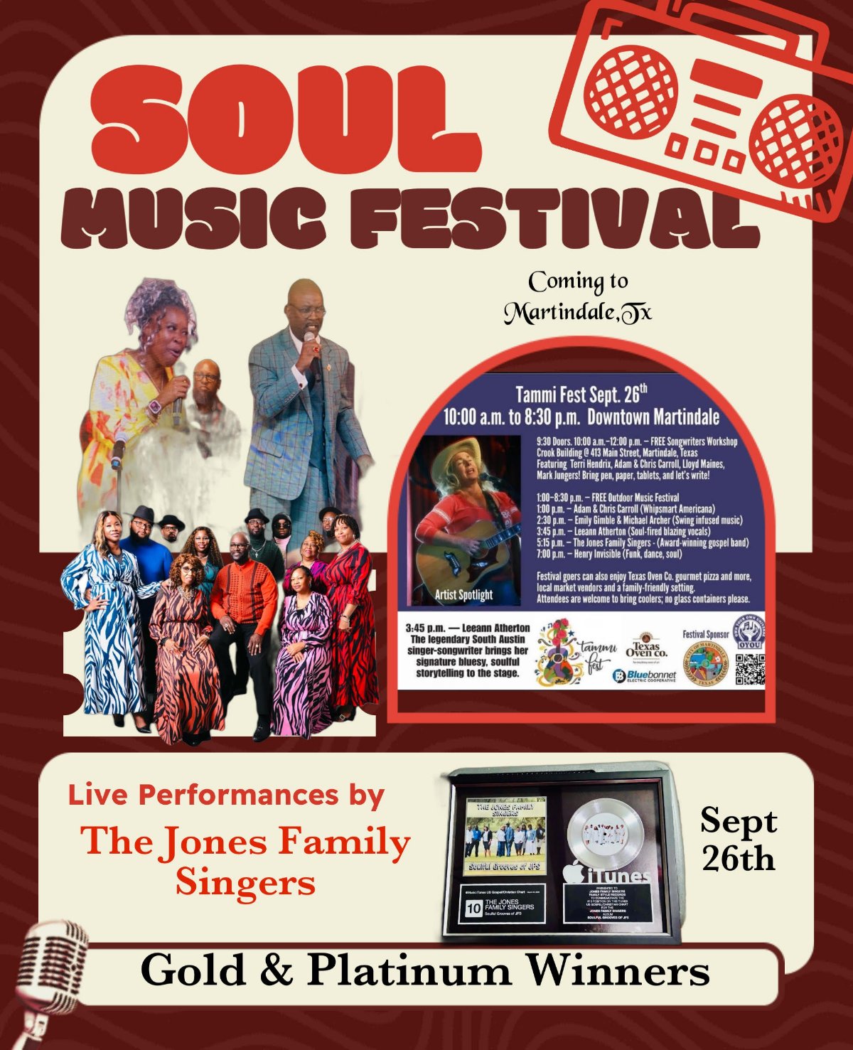 Soul Music Festival coming to Martindale, Texas, Sept 26: live performances by the Jones Family Singers, gold and platinum winners, with the Tammi Fest lineup including Leeann Atherton at 3:45 PM