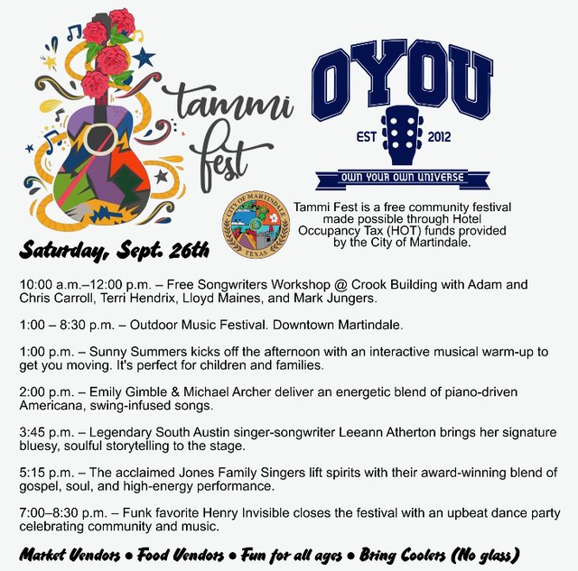 Tammi Fest Saturday September 26 schedule, downtown Martindale, Texas &mdash; Leeann Atherton at 3:45 PM