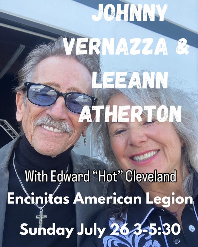 Johnny Vernazza and Leeann Atherton with Edward "Hot" Cleveland at the Encinitas American Legion, Sunday July 26, 3&ndash;5:30 PM